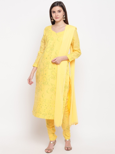 

ADA Women Yellow & Green Chikankari Hand Embroidered Unstitched Sustainable Dress Material