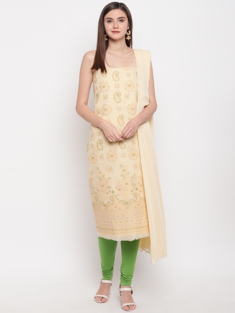 

ADA Cream-Coloured & Green Chikankari Hand Embroidered Unstitched Dress Material