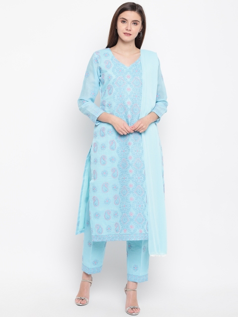 

ADA Women Blue & Pink Chikankari Hand Embroidered Unstitched Dress Material