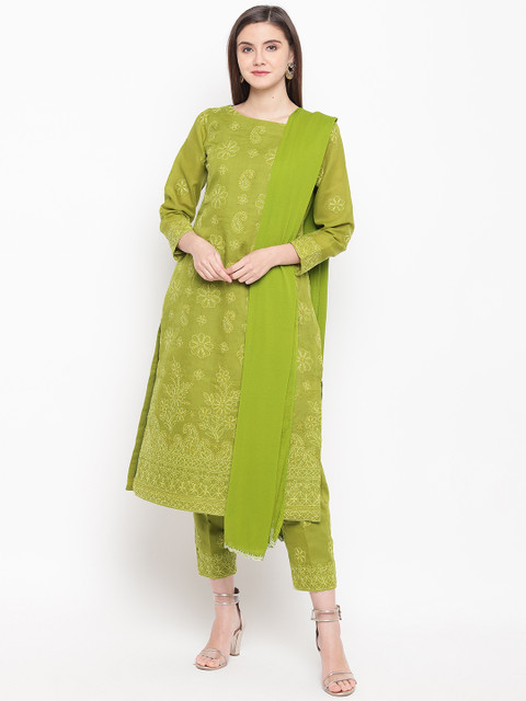 

ADA Women Green Chikankari Hand Embroidered Unstitched Dress Material