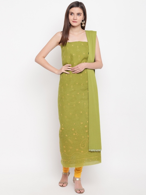 

ADA Women Green & Mustard Yellow Chikankari Hand Embroidered Unstitched Sustainable Dress Material