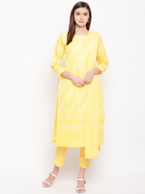 

ADA Women Yellow & White Chikankari Hand Embroidered Unstitched Sustainable Dress Material