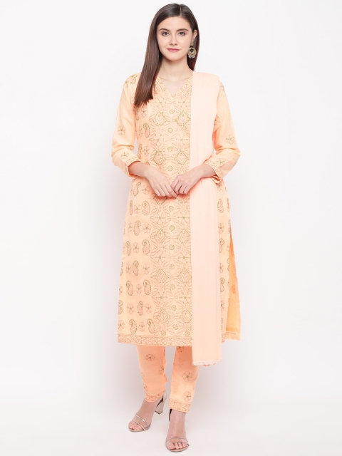 

ADA Women Peach-Coloured & Green Chikankari Hand Embroidered Unstitched Sustainable Dress Material