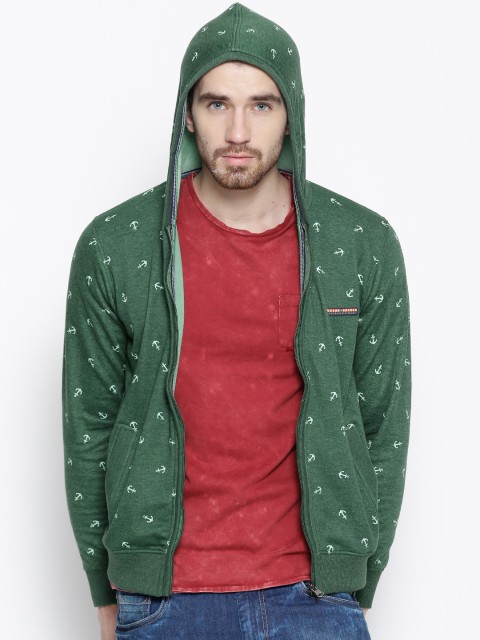 

Cloak & Decker by Monte Carlo Men Green & White Hooded Printed Sweatshirt