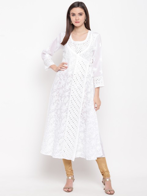 

ADA Women White & Golden Chikankari Embroidered Sustainable A-Line Angarkha Kurta