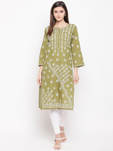 

ADA Women Olive Green & White Chikankari Hand Embroidered Straight Kurta