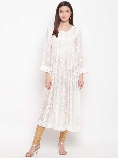 

ADA Women White Chikankari Hand Embroidered Anarkali Kurta