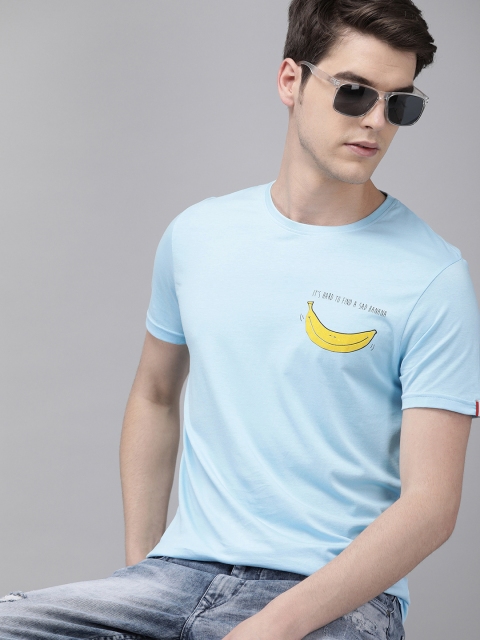 

THE BEAR HOUSE Men Blue Slim Fit Solid Round Neck Pure Cotton T-shirt With Printed Detailing
