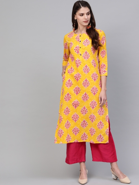 

AHIKA Women Yellow & Pink Printed Straight Kurta