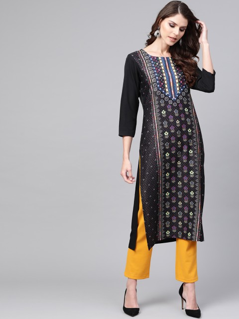

AHIKA Women Black & White Printed Straight Kurta