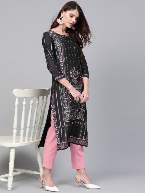 

AHIKA Women Black & Pink Printed Straight Kurta