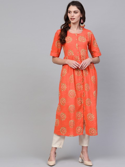 

AHIKA Women Orange & Beige Printed A-Line Kurta