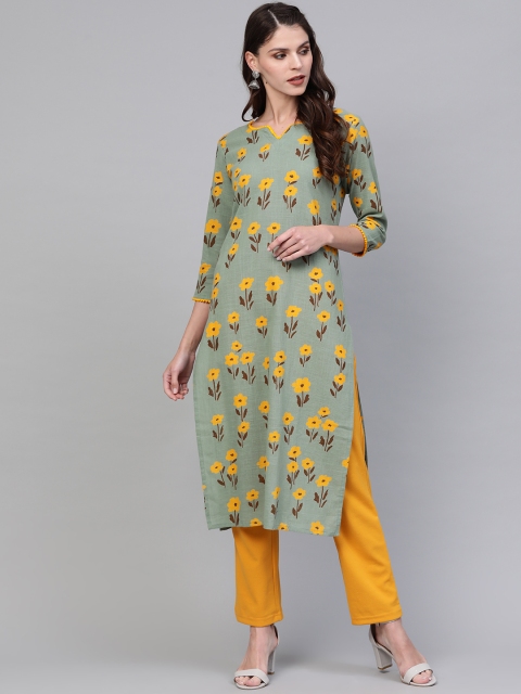 

AHIKA Women Green & Mustard Yellow Floral Printed Straight Kurta