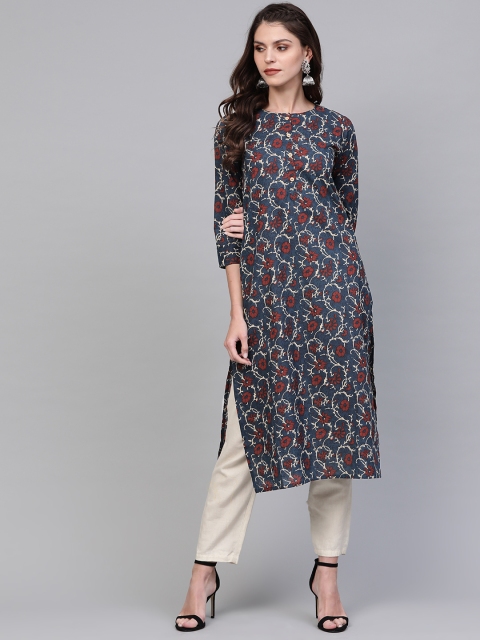 

AHIKA Women Navy Blue & Maroon Printed Straight Kurta
