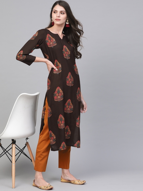 

AHIKA Women Coffee Brown & Orange Printed Straight Kurta