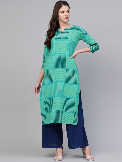 

AHIKA Women Blue & Yellow Printed Straight Kurta