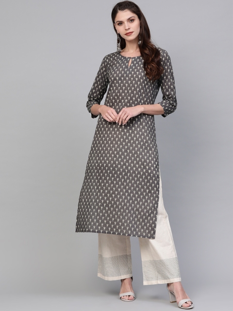 

AHIKA Women Charcoal Grey & Off-White Printed Straight Kurta
