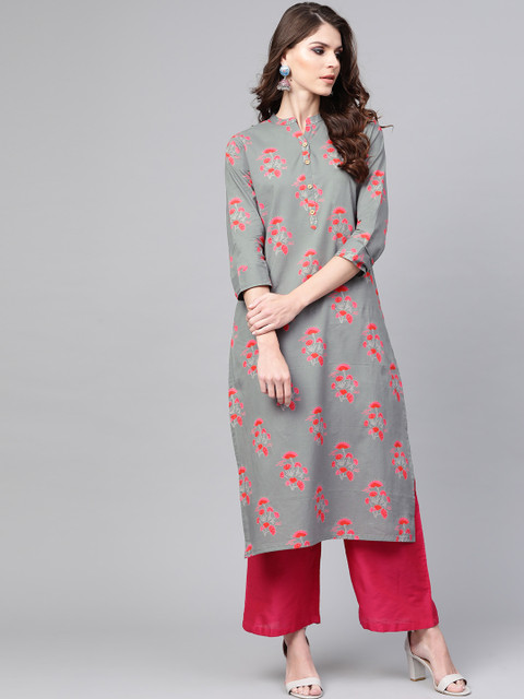 

AHIKA Women Grey & Pink Printed Straight Kurta