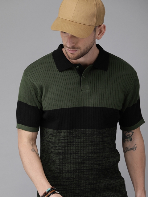 

Roadster Men Olive Green & Black Striped Polo Collar T-shirt