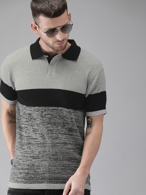 

Roadster Men Black & Grey Melange Colourblocked Polo Collar T-shirt