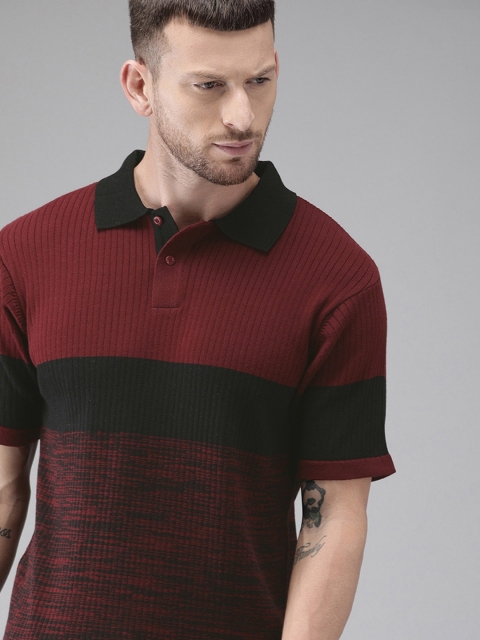 

Roadster Men Maroon & Black Colourblocked Polo Collar T-shirt