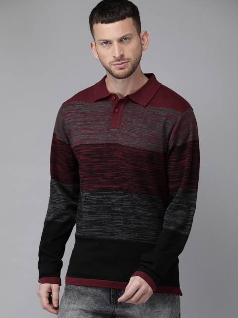 

Roadster Men Maroon & Black Striped Polo Collar T-shirt