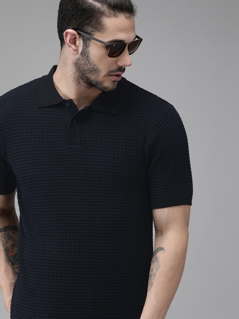 

Roadster Men Navy Blue & Black Self Design Polo Collar T-shirt