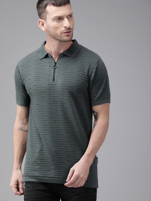 

Roadster Men Grey Self Design Polo Collar T-shirt
