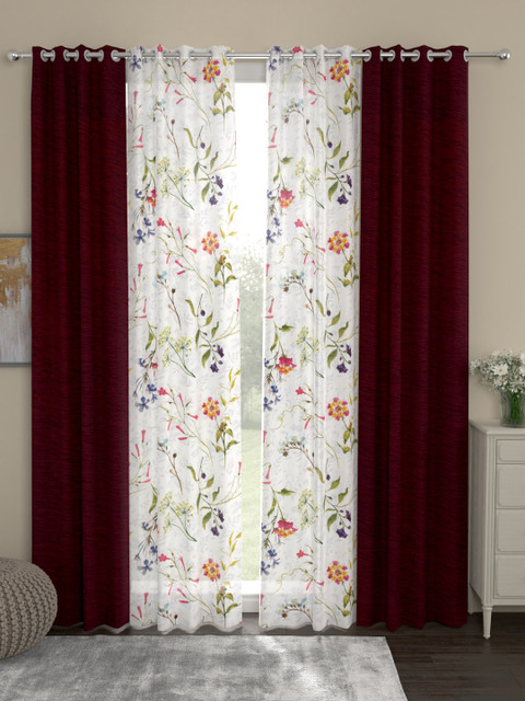 

ROSARA HOME Maroon & White Set of 4 Door Curtains