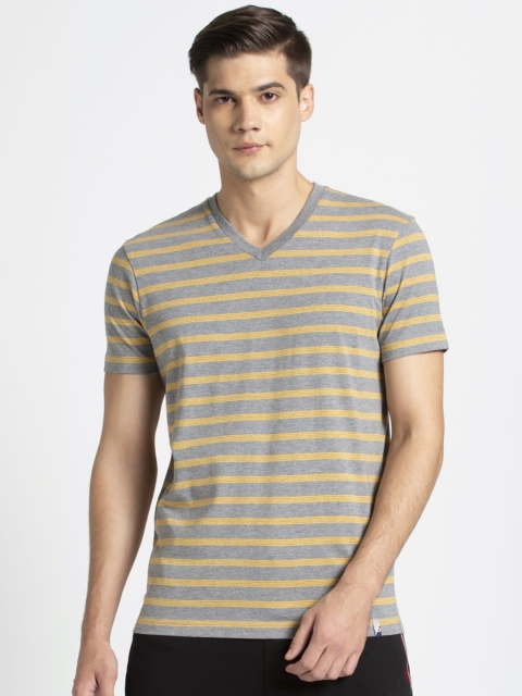 

Jockey Men Grey & Mustard Yellow Striped V-Neck T-shirt