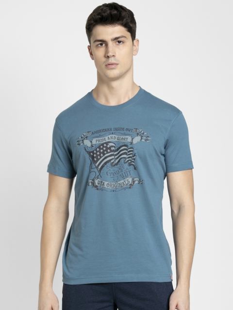 

Jockey Men Teal Blue & Grey Printed Round Neck Lounge T-Shirt