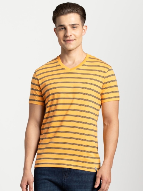 

Jockey Men Mustard Yellow & Blue Striped V-Neck T-shirt