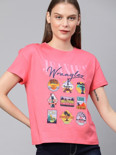 

Wrangler Women Pink Printed Round Neck Slim-Fit T-shirt
