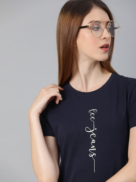 

Lee Women Navy Blue Solid Round Neck T-shirt with Printed Detail