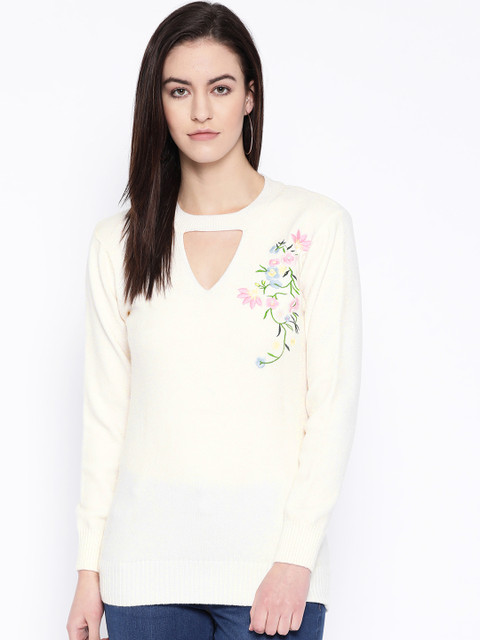

One Femme Women White Solid Pullover Sweater