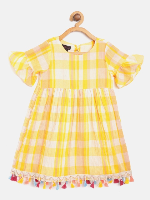

pspeaches Girls Yellow & White Checked Fit and Flare Dress