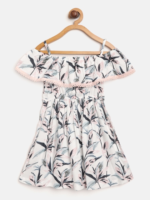 

pspeaches Girls White & Teal Blue Printed Fit and Flare Dress