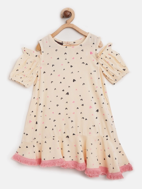

pspeaches Girls Cream-Coloured & Black Printed Drop-Waist Dress