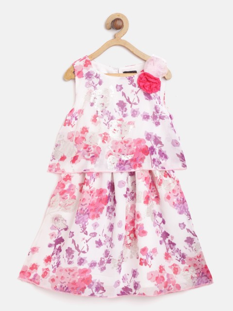

pspeaches Girls White & Pink Printed Layered A-Line Dress