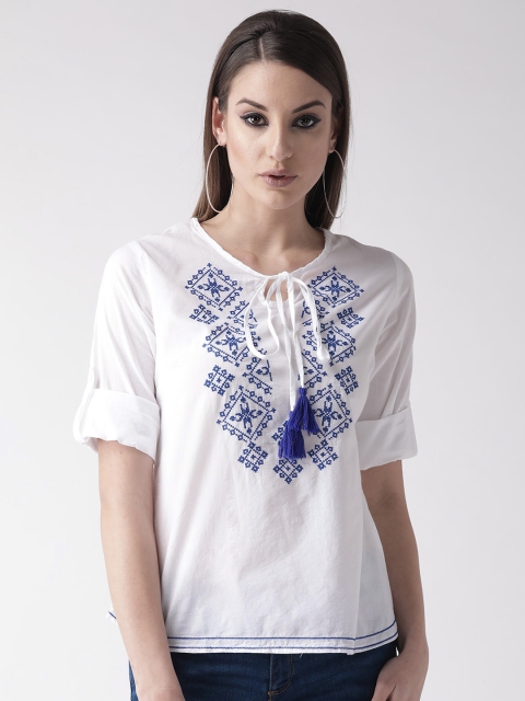 

plusS Women White & Navy Blue Embroidered Detail Top