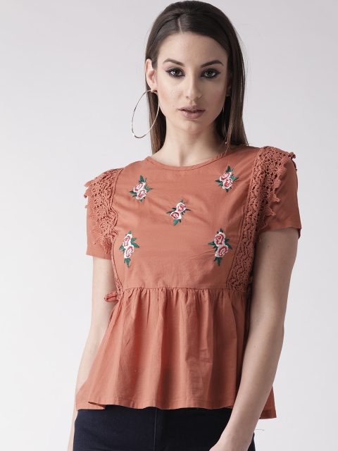 

plusS Women Rust Brown Embroidered Detail A-Line Top