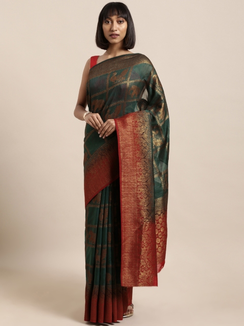 

Mitera Green Silk Cotton Woven Design Kanjeevaram Saree