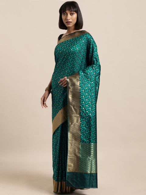 

Mitera Teal Green Silk Blend Woven Design Kanjeevaram Saree