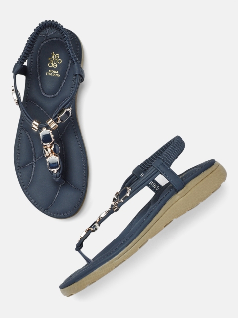 

Tresmode Women Navy Blue Embellished T-Strap Flats