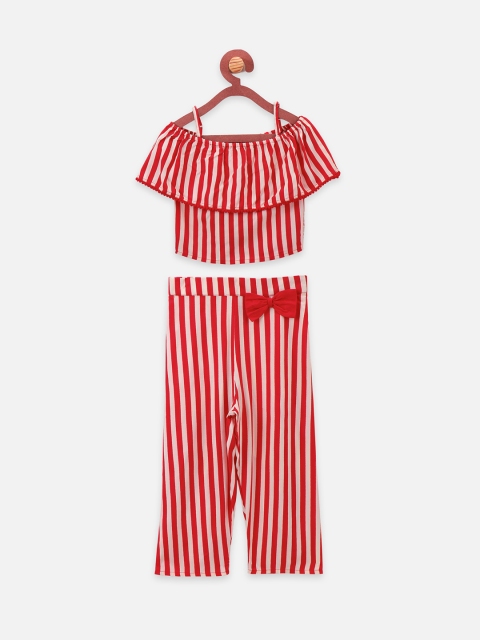 

LilPicks Girls Red & Off-White Striped Clothing Set