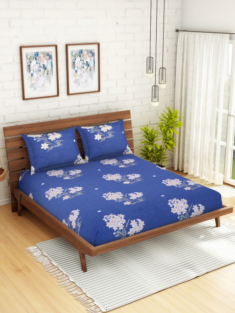 CORE Designed by SPACES Blue & Grey Floral 210 TC Cotton 1 Queen Bedsheet with 2 Pillow Covers