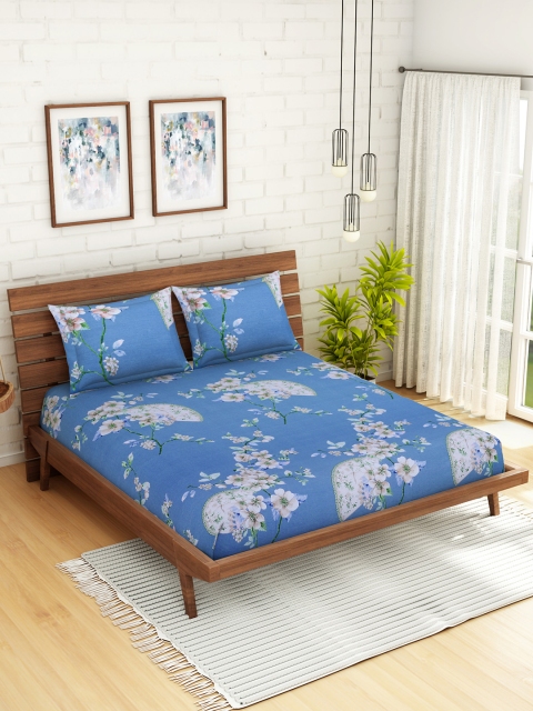 

CORE Designed by SPACES Blue & Off-White Floral 210 TC Cotton 1 Queen Bedsheet with 2 Pillow Covers