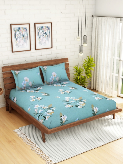 

CORE Designed by SPACES Blue Floral 210 TC Cotton 1 Queen Bedsheet with 2 Pillow Covers