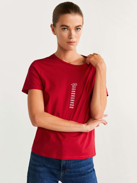 

MANGO Women Red Embroidered Detail Round Neck T-shirt