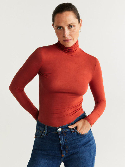

MANGO Women Rust Orange Solid Fitted Top